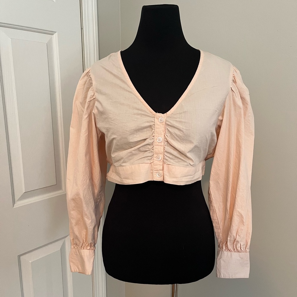 Urban Outfitters Cotton Peach Button-Up Crop-Top Blouse